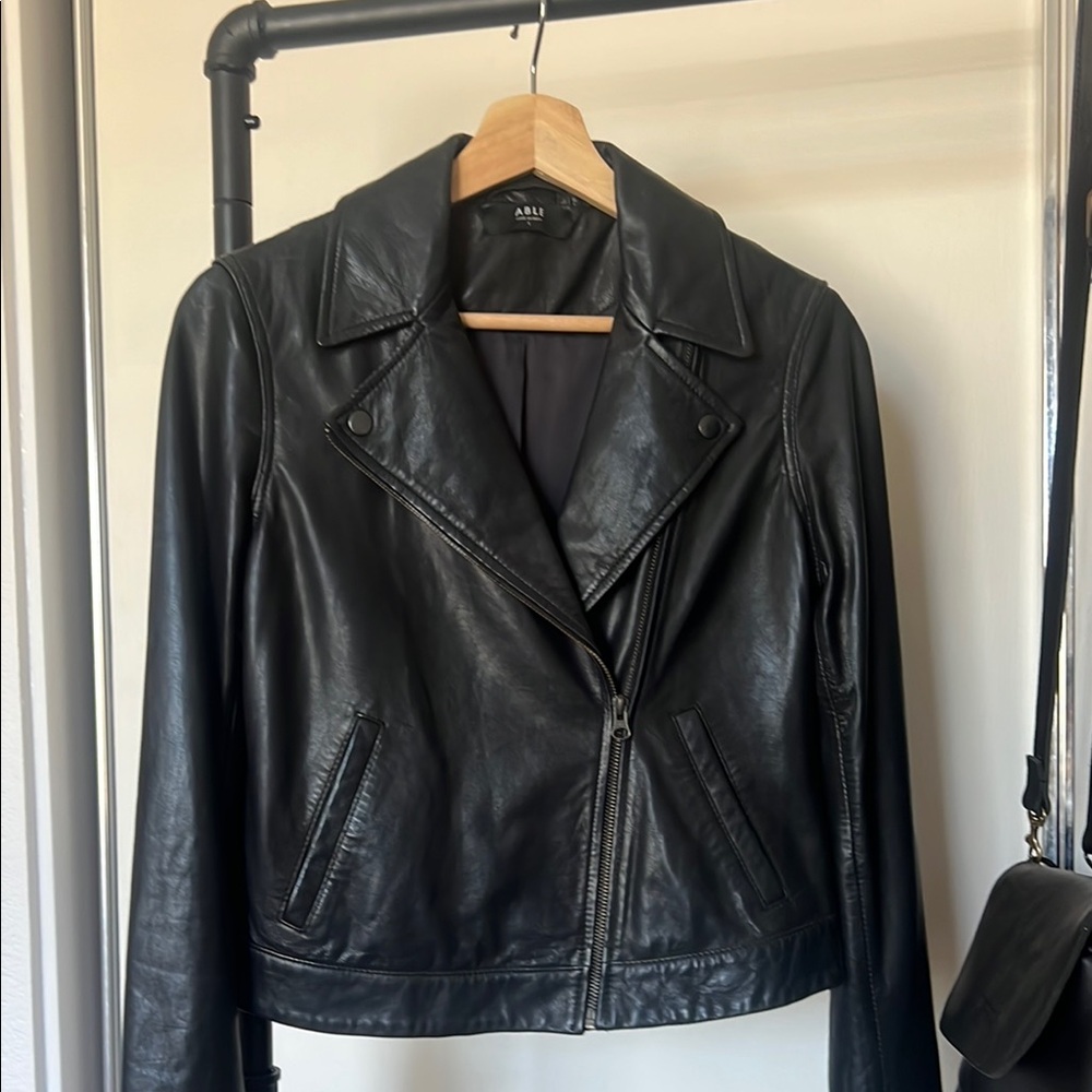 Able Black Leather Jacket Classic Moto Style